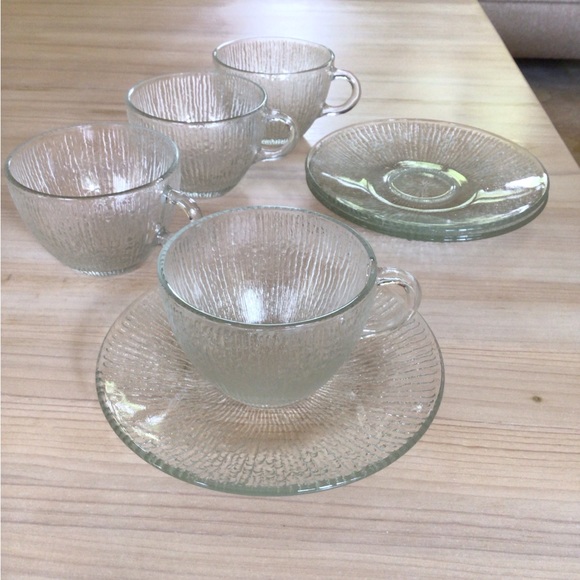 Vintage Jeannette Cups Saucers Set Finlandia Bark CoffeeTea Clear Glass - Picture 1 of 8